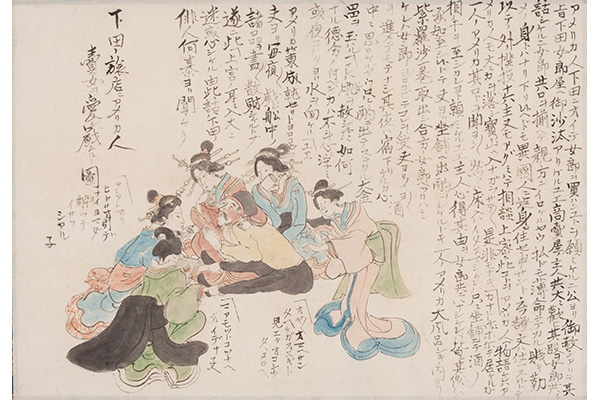Picture of an American at a Shimoda Inn Fondly Dallying with Prostitutes, from the Black Ship Scroll, approx. 1854. Japan, Edo period (1615-1868). Handscroll segment mounted as a hanging scroll; ink and colors on paper. Museum purchase with assistance from the Japan Society of Northern California, 2012.60.24.

