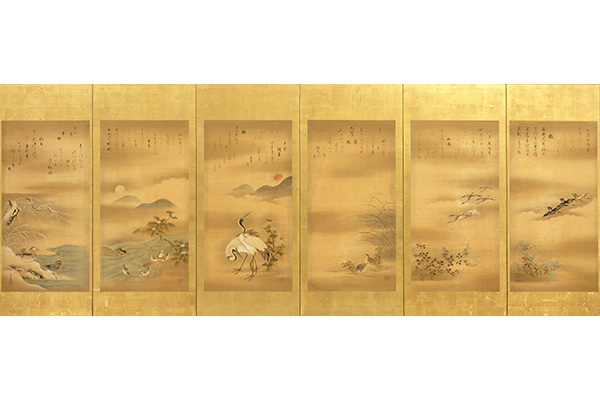 Birds and flowers of the twelve months, 1703. By Yamamoto Soken (Japanese, 1683-1706). Pair of six-panel folding screens; ink and colors on silk. The Avery Brundage Collection, B60D82+.1-.2.
