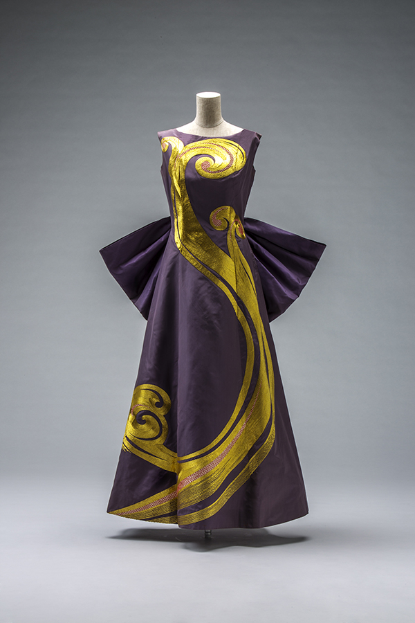 Dress, 1956, by Toshiko Yamawaki (Japanese, 1887–1960). Silk taffeta with Japanese gold-thread embroidery. Collection of The Kyoto Costume Institute, gift from Yamawaki Fashion Art College. © The Kyoto Costume Institute, photo by Takashi Hatakeyama.
