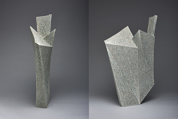 Noh-Inspired Form With Colored Clay Inlays (Saiseki Zogan Nokata), 2007. By Kishi Eiko (Japanese, b. 1948). Stoneware with colored clay inlays. Collection of Dr. Phyllis A. Kempner and Dr. David D. Stein. Photograph © Asian Art Museum.
